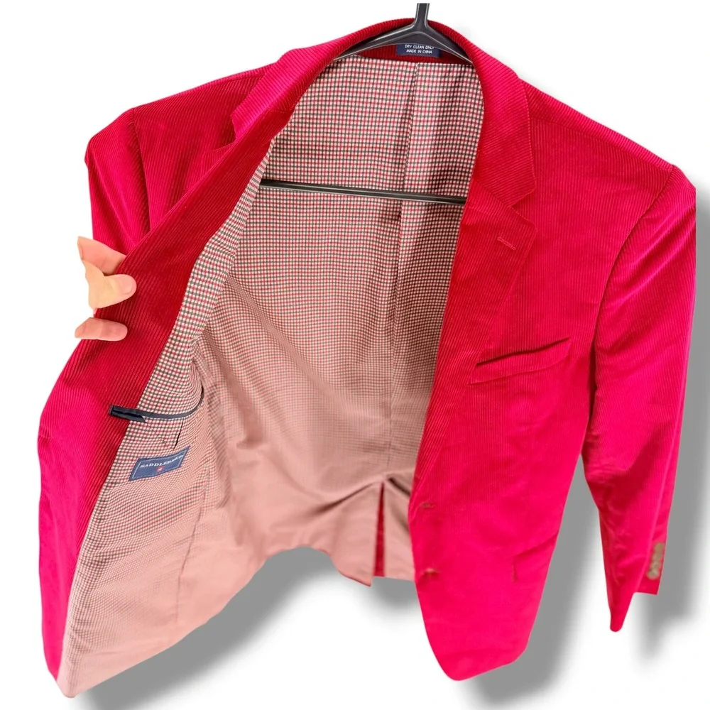 Saddlebred Mens 40R Red Corduroy Blazer Two Button Gingham Lined Sport Coat